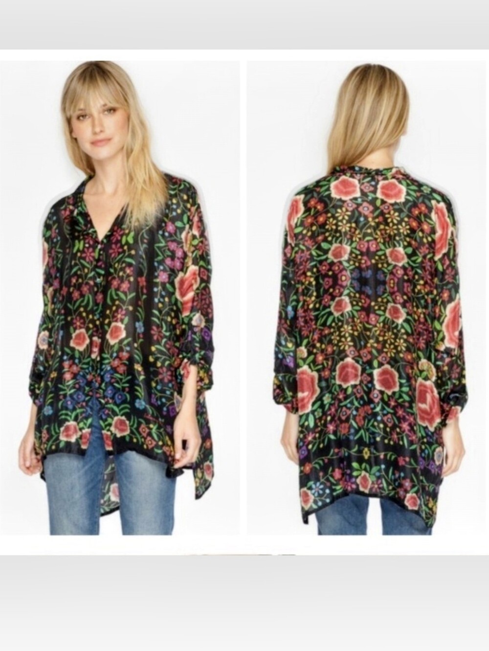 NEW Johnny Was Black Silk Floral Shirt  Emby Blouse Size Medium